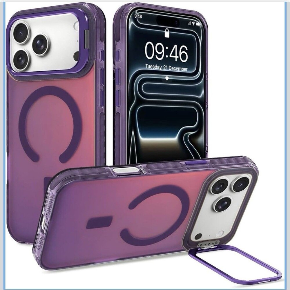 For iPhone 17 Pro Mag Safe Case Purple Matte Iridescent Back Lens Kickstand